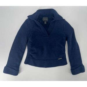 Magaschoni Merino Wool Sweater Womens XS Navy Blue Excellent V-Neck Collared